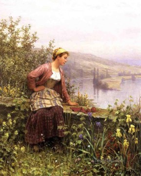  Stream Oil Painting - Brittany Girl Overlooking Stream countrywoman Daniel Ridgway Knight